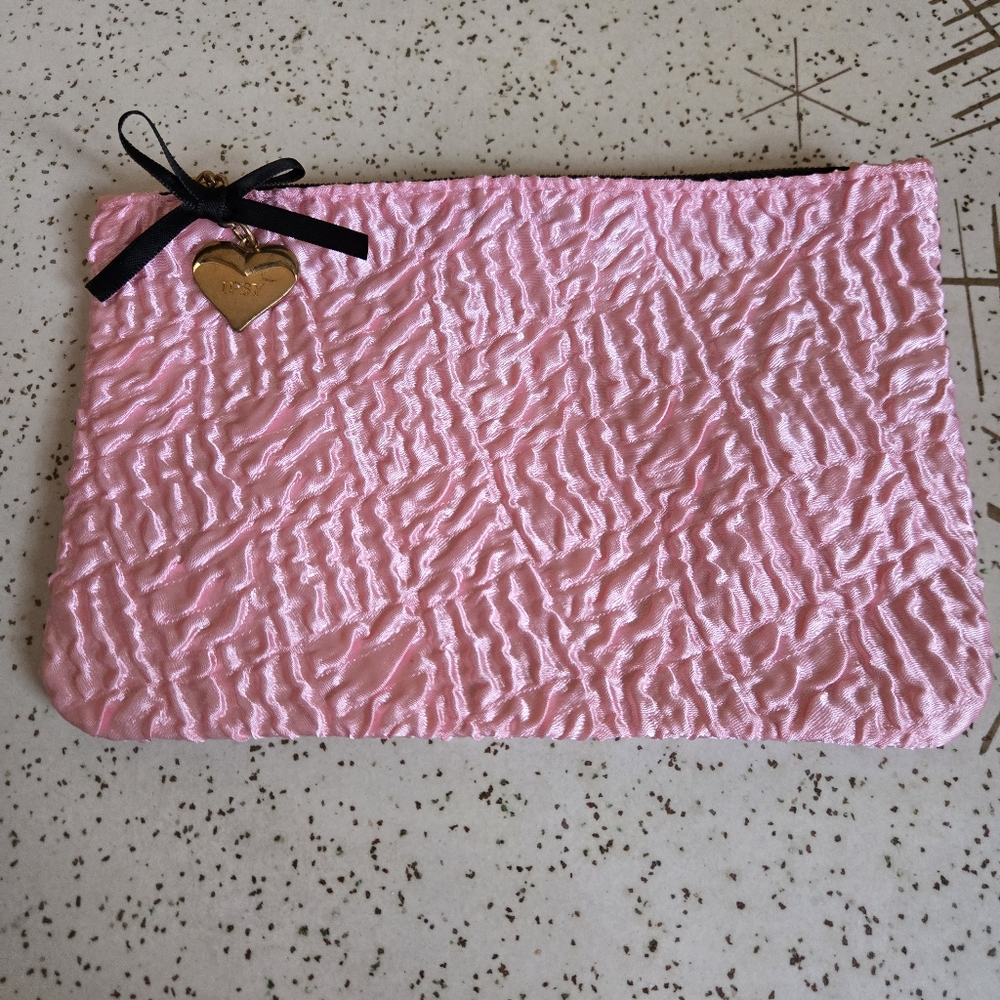 Ipsy Pink Textured Zippered Pouch With Heart And Bow